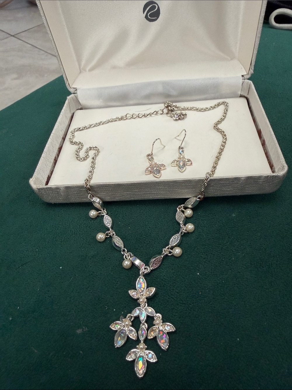 Roman Silver Pearl and Crystal Floral Pendant Necklace with Matching Earrings
